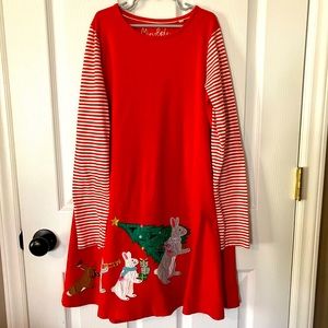 EUC Mini Boden Red Cotton Christmas Dress with Bunnies Sz 11-12y